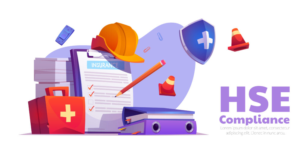 Ilustração sobre conformidade em HSE, com prancheta de checklist, capacete de segurança, pasta de documentos, kit de primeiros socorros e itens de proteção, ao lado do texto “HSE Compliance”.