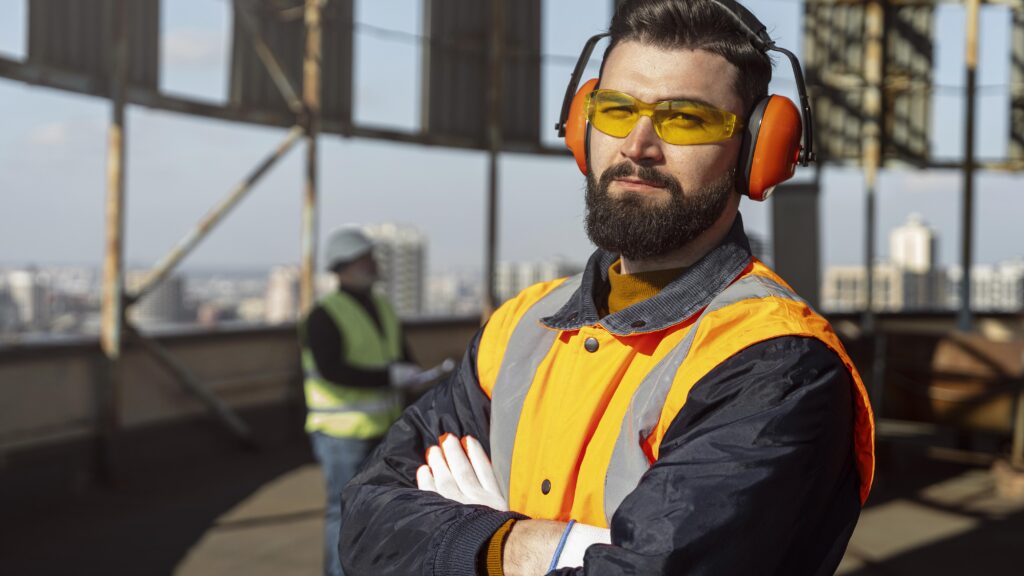Homem em obra usando colete refletivo laranja, óculos de proteção amarelos e abafadores de ouvido, de braços cruzados, com estrutura metálica e cidade ao fundo.