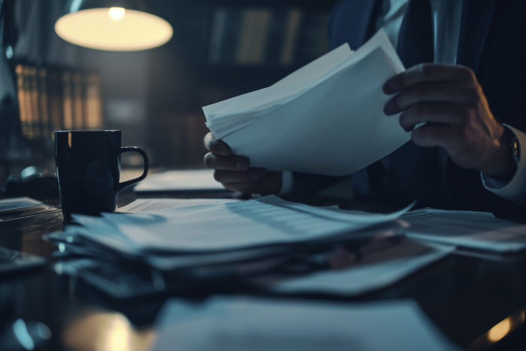 Demandas no trabalho representadas por profissional analisando documentos em ambiente corporativo