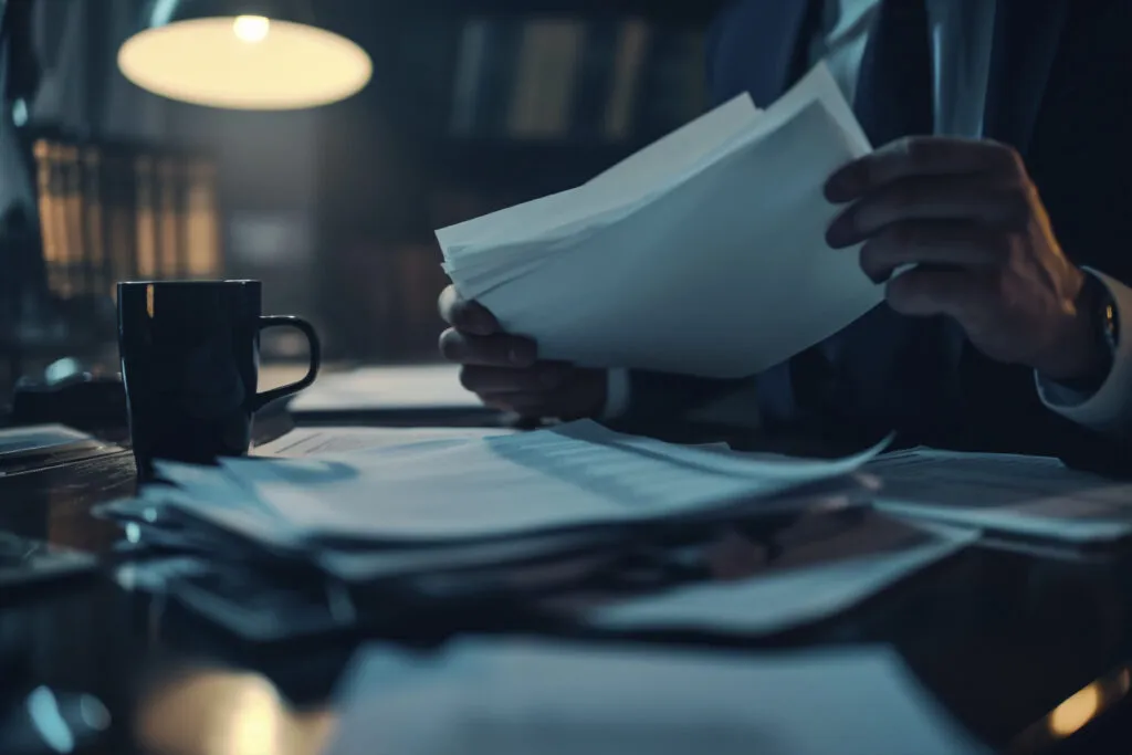 Demandas no trabalho Demandas no trabalho representadas por profissional analisando documentos em ambiente corporativo