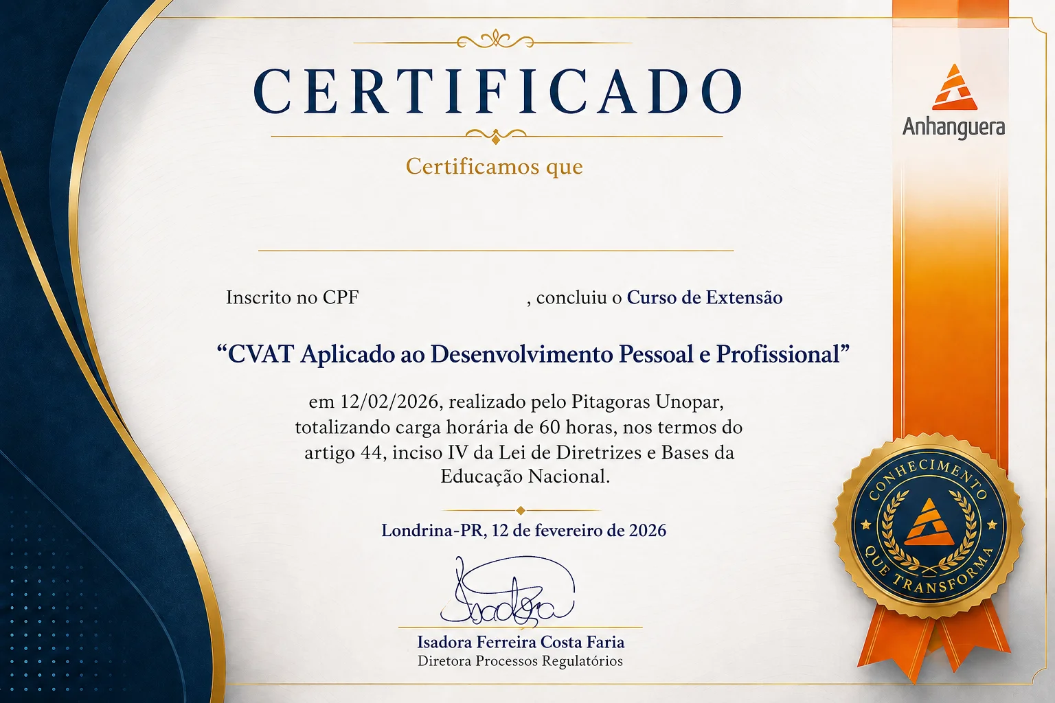 Modelo de certificado CVAT Aplicado ao Desenvolvimento Pessoal e Profissional, 60h, reconhecimento MEC, Pitágoras Unopar