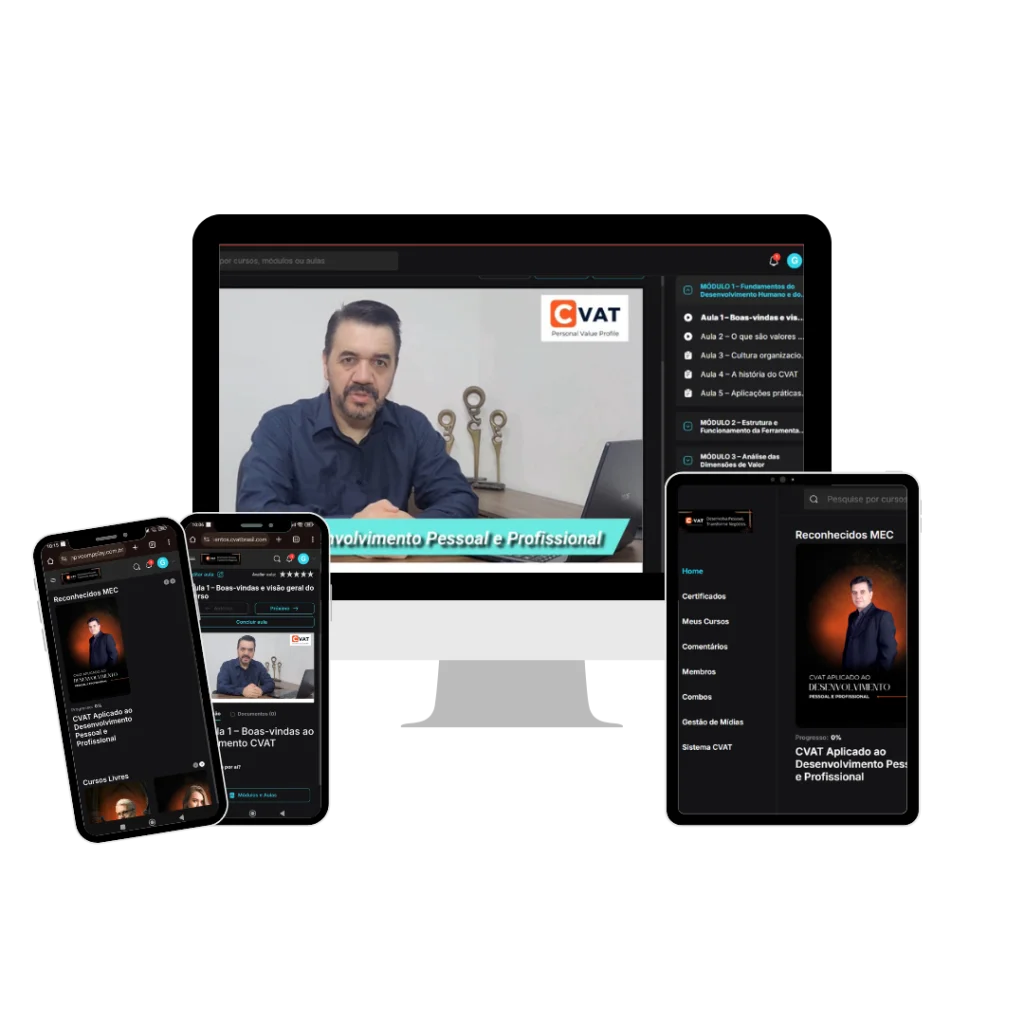Plataforma do curso CVAT Aplicado ao Desenvolvimento Pessoal e Profissional, acessível em computador, tablet e celular